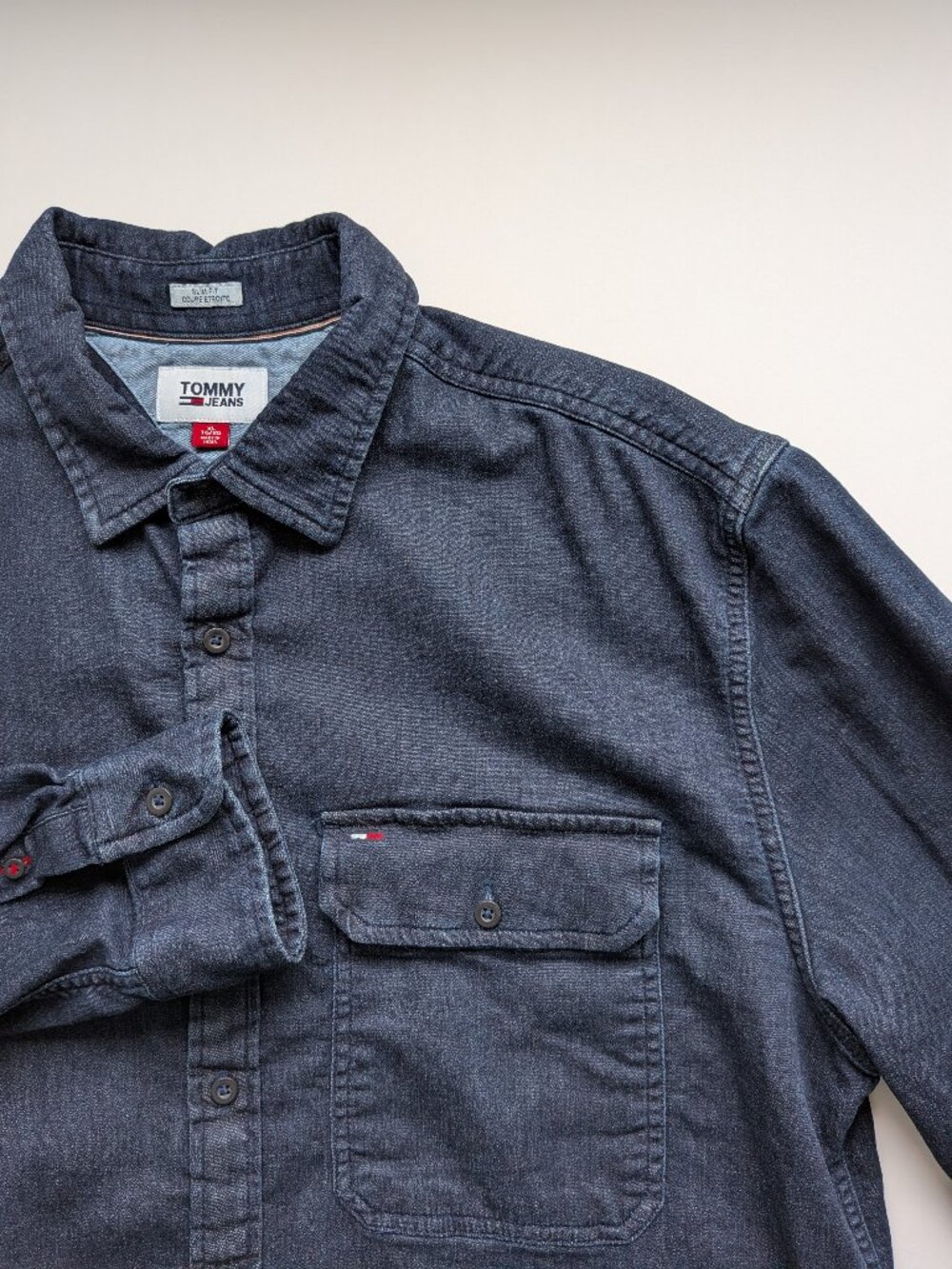 Tommy Hilfiger Jeans Men's Shirt XL Slim Fit Dark Blue Stretch Denim Casual